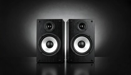 Fototapeta premium Two sleek black speakers stand symmetrically, highlighting modern design against a dark background