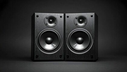 A pair of black acoustic speakers with large woofers and sleek design against a dark background