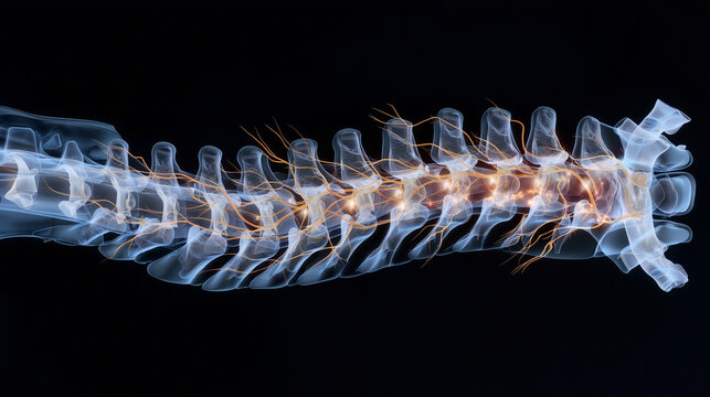 Glowing pressure spots along spine, sharp vertebra labels, nerve roots visible, treatment-focused layout