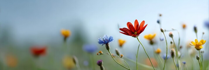 Colorful wildflowers creating a vibrant display in a blooming meadow under a bright sky, symbolizing growth, renewal, and the beauty of nature during springtime