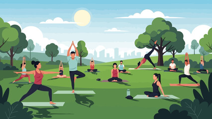 Group Yoga Session in a Lush Green Park, Diverse People Practicing Outdoors with Cityscape