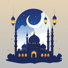 Decorative Islamic vector illustration of a mosque silhouette with crescent moon, hanging lanterns, and night sky, flat modern style ideal for Ramadan, Eid greetings, posters, banners, and festive 