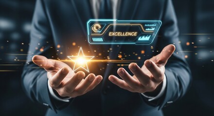 A businessman uses his finger to press a virtual button on a digital touchscreen interface representing modern technology and innovation