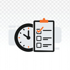 Flat vector illustration of a checklist clipboard with clock icon, representing task management, scheduling, planning, and productivity, isolated on transparent background, ideal for business apps, UI