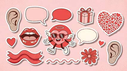 Retro Valentines Day Sticker Pack with Hearts, Lips, and Ears.