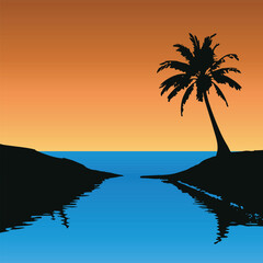 Minimal vector landscape illustration of a tropical sunset with palm tree silhouette, calm water reflection, and warm gradient sky, ideal for travel themes, posters, wallpapers, branding,