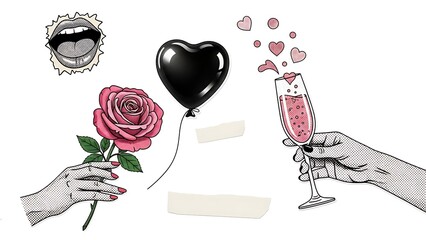 Romantic Celebration with Rose, Champagne, and Heart Balloon.