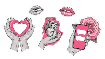 Set of Hand-Drawn Illustrations Featuring Love, Technology, and Anatomy.