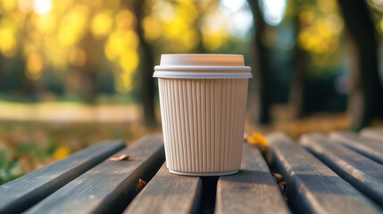 Reusable coffee cup placed on wooden bench in park with trees in sunlight during afternoon