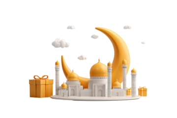 Eid mubarak celebration with crescent moon and mosque isolated on transparent background