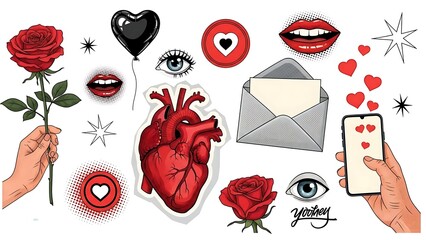 Valentines Day Romantic Symbols Collection with Roses Hearts and Lips.