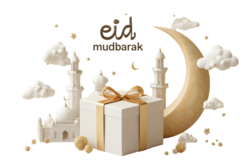 Eid mubarak festive illustration with gift box and crescent moon on white isolated on transparent background