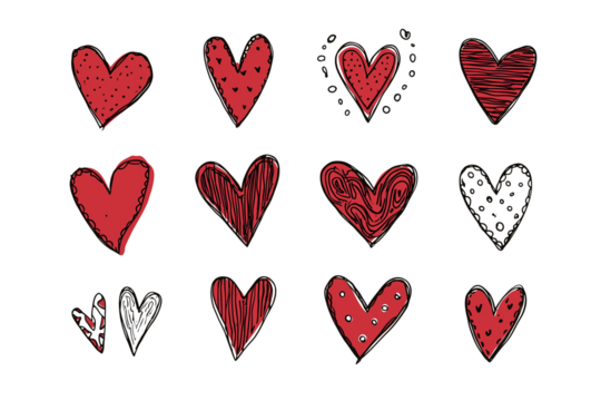 Collection of hand drawn hearts in various patterns and colors on white isolated on transparent background - Powered by Adobe