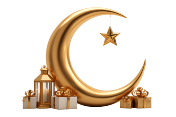 Golden crescent moon and star with gifts and lantern on transparent background for ramadan