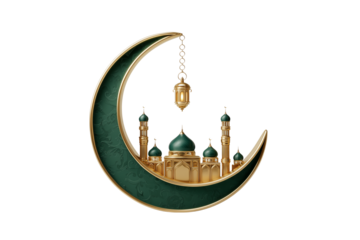 Green crescent moon with mosque and lantern on transparent background