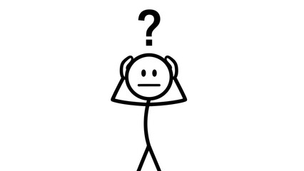 Stick Figure Person with Question Mark Above Head Looking Confused, Hands on Head, on Isolated White Background.