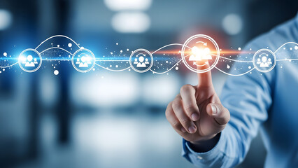 Hand interacting with digital network icon, symbolizing global business connections, team collaboration, and human resource management