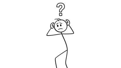 Confused Stick Figure Person Pondering with Question Mark Above Head, Hands on Head, on Isolated White Background.