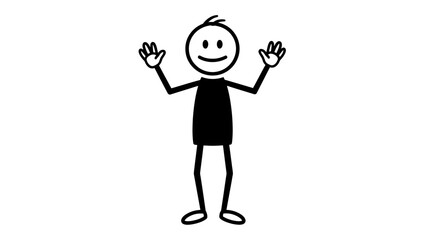 Happy Stick Figure Person Standing with Arms Raised and Big Smile, on Isolated White Background.