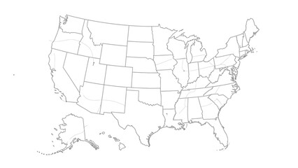 Outline Map of United States of America with Clearly Defined State Borders, on Isolated White Background.