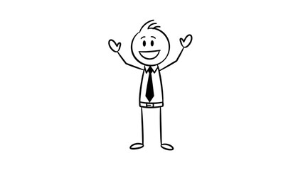 Happy Stick Figure Businessman Smiling with Arms Raised Confidently, on Isolated White Background.