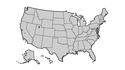 Detailed political map of the United States with state outlines, including Alaska and Hawaii, in grayscale on an isolated white background.