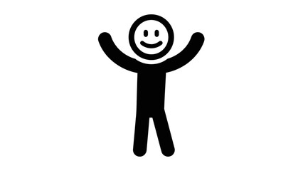Happy Stick Figure Person Standing with Arms Raised, Joyful Expression, on Isolated White Background.