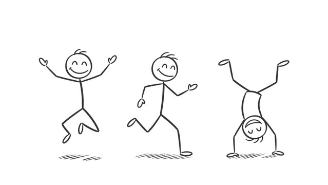 Three happy and playful stick figure children doing various activities in bright studio.