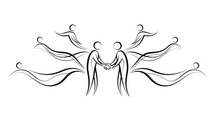 Abstract illustration of two figures shaking hands with flowing lines, symbolizing teamwork and partnership on isolated white background.