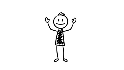 Happy stick figure celebrating with arms raised and a big smile, showing shading on the body, on isolated white background.