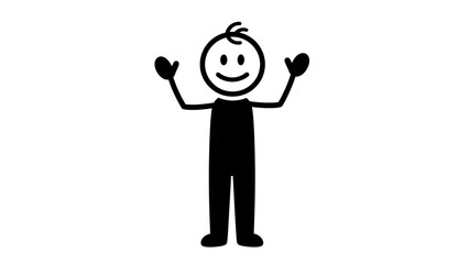 Happy black stick figure celebrating with arms raised and a big smile on isolated white background.