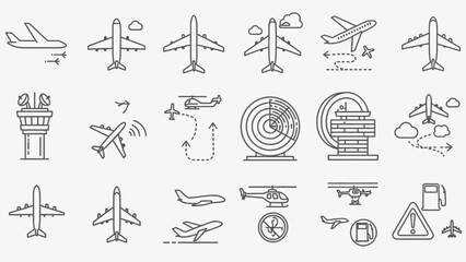 Set of Aviation and Airport Related Line Icons on a Bright Studio Background