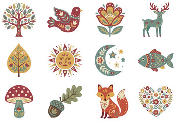 Scandinavian folk art style nature icons with tree of life, bird, flower, deer, leaf, sun, moon and stars, fish, mushroom, acorn, fox and heart.