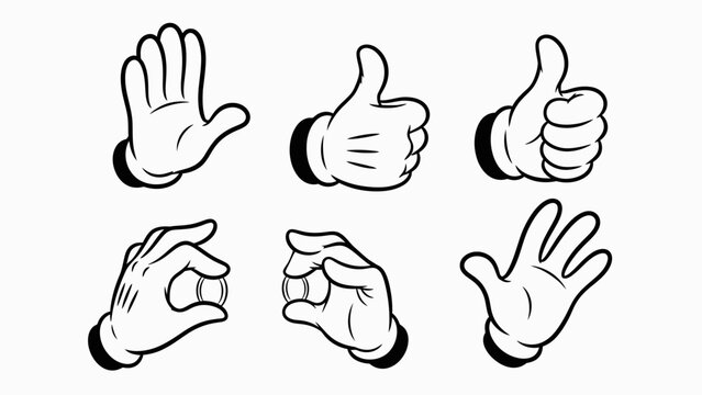 Collection of cartoon hand gestures including thumbs up, open palm, and various holding poses, on isolated white background.