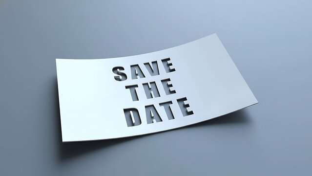 White paper with 'SAVE THE DATE' cut out in bold letters, casting a shadow on a muted grey surface, minimalist design - Powered by Adobe