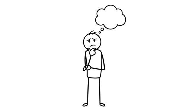 Sad stick figure person thinking with a thought bubble above their head, showing worry or confusion, on isolated white background.