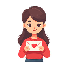 Cheerful Young Girl Holding White Envelope with Red Heart, Symbolizing Love