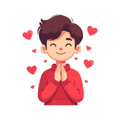 Smiling Young Person in Red Sweater with Hearts Showing Love and Gratitude