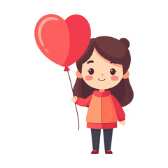 Adorable Cartoon Girl Smiling and Holding a Big Red Heart Balloon
