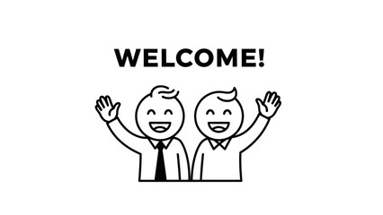 Two Happy Stick Figure Men Waving, Welcoming with Ties, Cheerful Greeting, Isolated White Background