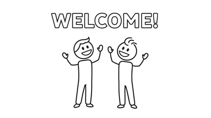 Two Happy Stick Figure Men Waving, Welcoming Gesture, Cheerful Greeting, Isolated White Background