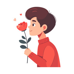 Young Man Smelling Red Rose with Floating Hearts Romantic Valentines Day Illustration