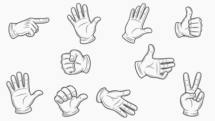 Variety of Cartoon Hand Gestures, Pointing, Open Palm, Fist, Thumbs Up, Isolated White Background