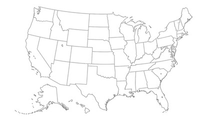 Outline Map of United States of America with States Borders, Geographical Location, Isolated White Background