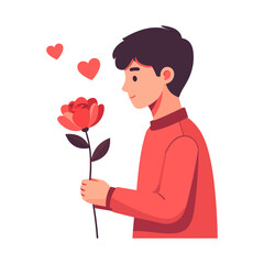 Young Man Holding a Red Rose with Floating Hearts, Expressing Love