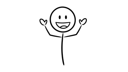 Happy Stick Figure Man Waving Hand, Cheerful Greeting, Isolated White Background