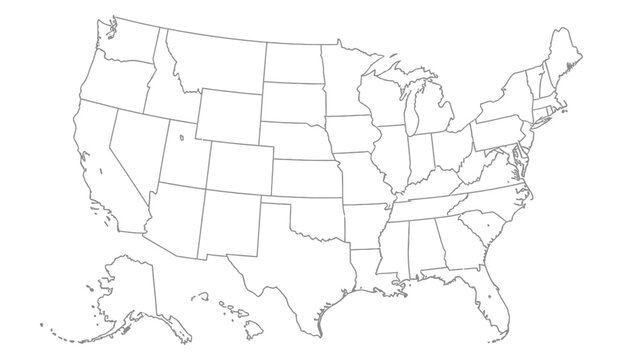 Clean and simple outline map of the United States of America, highlighting all fifty states, perfect for geographical presentations, on an isolated white background.