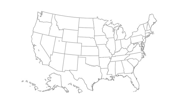 Blank outline map of the United States of America, showing all state boundaries, ideal for customization and educational projects, on an isolated white background.