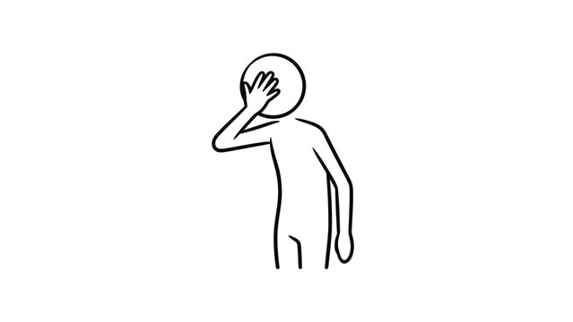 Shy Stick Figure Man Covering His Face with a Hand, Expressing Embarrassment or Hiding in Bright Studio.