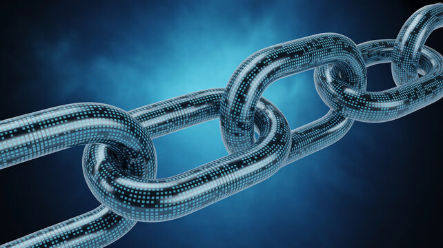 Digital blockchain links with glowing data pattern representing secure network and connectivity - Powered by Adobe